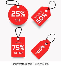 Set of simple red label sale graphic design template for market, business or store, vector label with rope.
