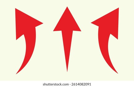 A set of simple, red, straight, curved arrows point to the up on a white green background. Direction symbol. Arrow symbol for app, UI, web. Vector illustration