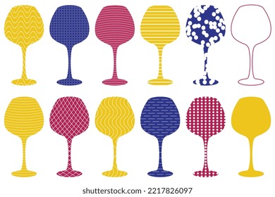 Un conjunto de vasos de vino tinto sencillos con diferentes formas abstractas y geométricas. Ilustración vectorial.