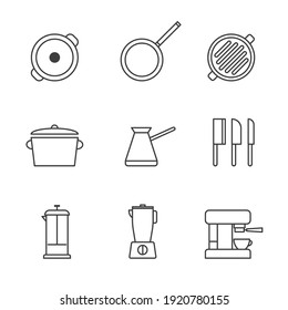 Set of Simple restaurant utensils, utensils for food preparation icon in trendy line style isolated on white background for web apps and mobile concept. Vector Illustration. EPS10