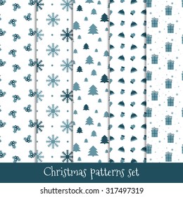 Set of simple retro Christmas patterns. Winter background. Endless textures in blue colors can be used for print on paper and fabric. Holiday. New Year theme. Vector illustration.