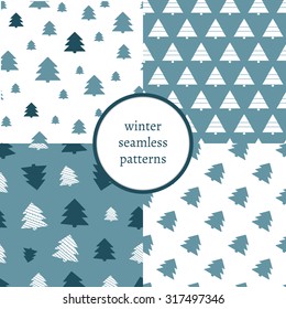 Set of simple retro Christmas patterns. Winter background. Endless textures in blue colors can be used for print on paper and fabric. Holiday. New Year theme. Vector illustration.