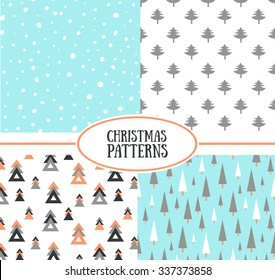 Set of simple retro Christmas patterns. Vector backgrounds with christmas trees and snow