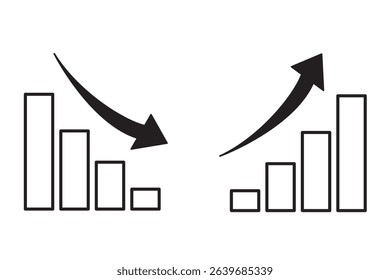 A set of simple rising and falling bar graphs and arrows