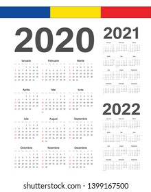 Set of simple Romanian 2020, 2021, 2022 year vector calendars. Week starts from Sunday.