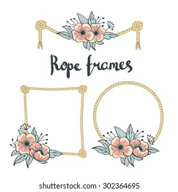 Set of Simple Rope Frames Graphic Designs on white background with flowers.