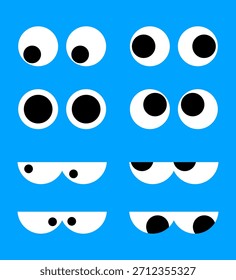 Conjunto de simples ojos redondos de dibujos animados mirando en varias direcciones aisladas sobre fondo azul para el diseño de personajes