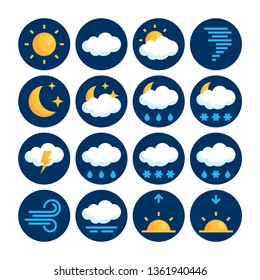 Set of simple round climate icons in flat style on a dark background. Vector meteo pictograms for mobile applications or websites