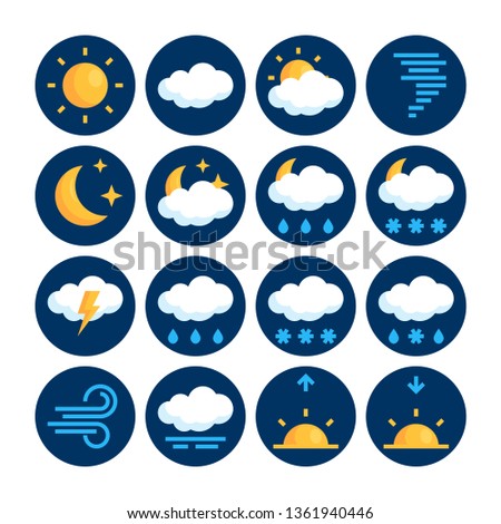 Set of simple round climate icons in flat style on a dark background. Vector meteo pictograms for mobile applications or websites
