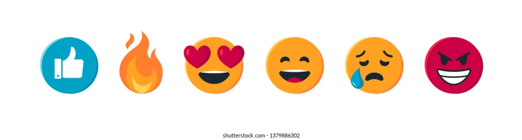 Set of simple round emoji. Vector illustration of smiling faces with different emotions for chats in flat style