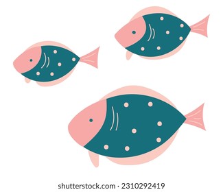 Set of simple round fish different. decorative elements of marine animals, ocean fauna cartoon sea symbol for travel design, greeting card, invitation