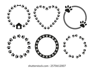 Set of simple round frames with dog paw silhouettes for pet lover. Circle animal paws vector design with copy space for text. Vector decorative elements