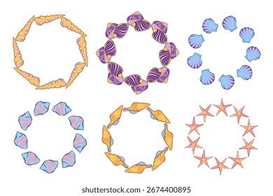 set of simple round frames with seashells and stars, colorful hand drawn seashells and starfish, round frames for summer designs