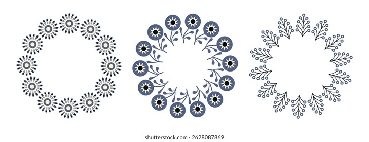 A set of simple round frames. Spring-summer composition with geometric flowers. Wreath with flowers and leaves for invitation, greeting card.