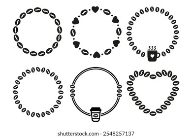 Conjunto de marcos de café simples redondos y en forma de corazón en estilo plano. Diseño de Vector de granos de café en círculo con espacio de copia para texto. Elementos decorativos para el menú de la cafetería y del restaurante, Anuncios, envases