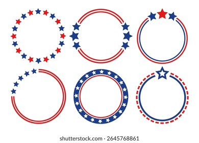 Set of simple round patriotic frames in flat style. Circle 4th of July vector design with copy space for text. Independence Day of United States of America decorative elements