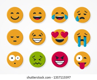 Set of simple round yellow emoticons. Vector illustration of a smiling faces for chats in flat style