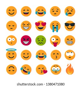 Set of simple round yellow emoticons. Vector illustration of a smiling faces for chats in flat style