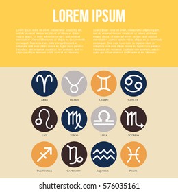 Set of simple round zodiac signs. Vector icons.