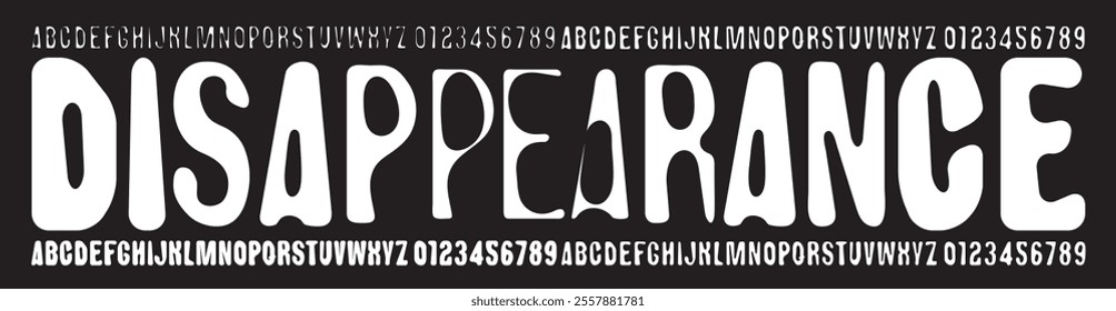 Set of simple rounded distorted font with letters of varying thickness on the theme of disappearance. Set of letters and numbers of the latin alphabet.