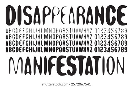 Set of simple rounded distorted font with letters of varying thickness on the theme of disappearance. Set of letters and numbers of the latin alphabet