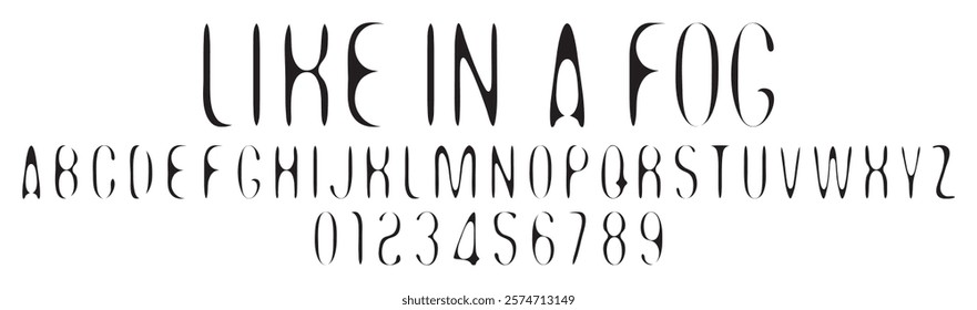 A set of simple rounded distorted font with letters of different thicknesses with the words like in a fog. A set of letters and numbers of the Latin alphabet