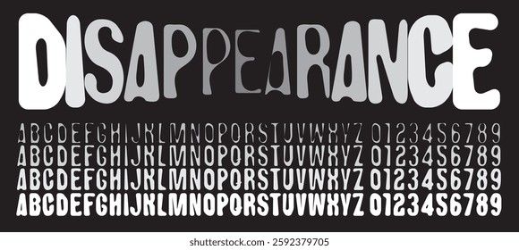 Set of simple rounded distorted font with letters of varying thickness on the theme of disappearance. Set of letters and numbers of the latin alphabet