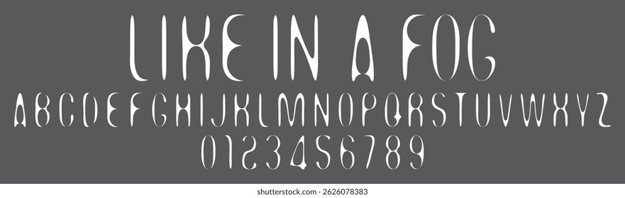 A set of simple rounded distorted font with letters of different thicknesses with the words like in a fog. A set of letters and numbers of the Latin alphabet. No ai used