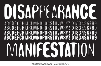 Conjunto de fonte distorcida arredondada simples com letras de espessura variável sobre o tema de desaparecimento e manifestação. Conjunto de letras e números do alfabeto latino. Nenhuma IA usada