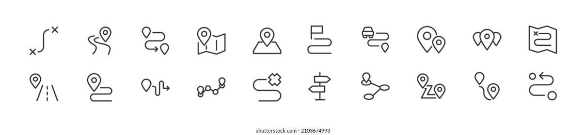 Set von einfachen Routenlinien-Symbolen. Strich-Objekt in Umrissen. Paket mit linearen Schildern. Perfekt für Web-Apps und mobile Anwendungen.