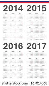 Set of simple russian 2014, 2015, 2016, 2017 year vector calendars. 