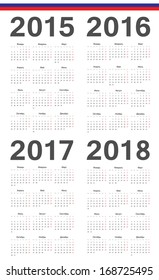 Set of simple russian 2015, 2016, 2017, 2018 year vector calendars. 