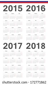 Set of simple russian 2015, 2016, 2017, 2018 year vector calendars