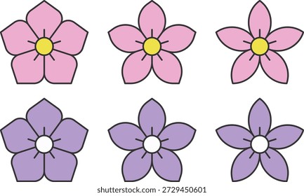 Un conjunto de ilustraciones florales simples de estilo sakura en tonos rosados y morados. Perfecto para eventos de primavera o diseños de temporada.