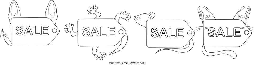 set of simple sale labels for veterinary clinic with paws tail whiskers ears various animals drawn in black outline, vector illustration