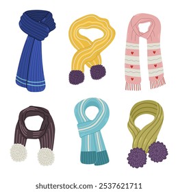 Set with simple scarf in flat and cartoon style on white background. Children's winter warm clothes