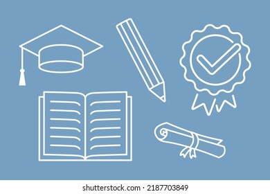 set of simple school icons for online education platform, white outline, hat, scroll, book, pencil, medal, education symbols, drawing clip-art, doodle vector elements