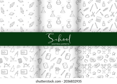 A set of simple school seamless patterns with school subjects, chemical test tubes, mathematical graphs. Black white background with isolated hand-drawn outline doodle elements. Vector illustration