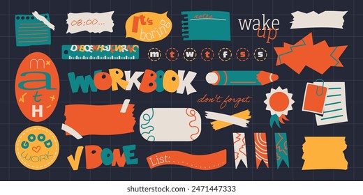 Set of simple school stickers. Various paper notes, phrases, bookmarks and pieces of note paper. Set of shapes and trend elements.