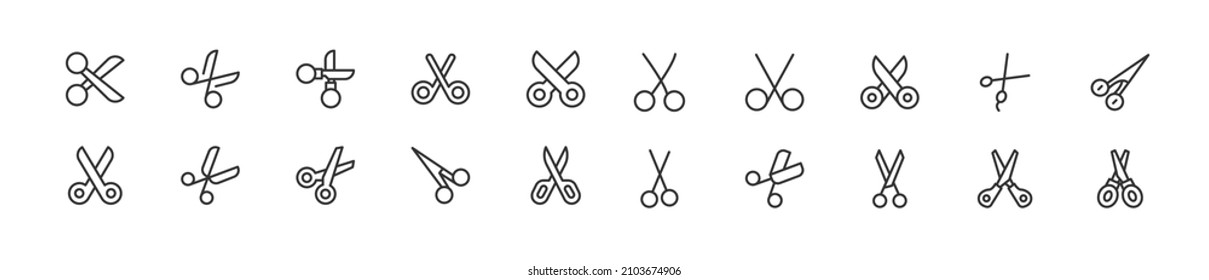 Set of simple scissors line icons. Outline stroke object. Linear signs pack. Perfect for web apps and mobile.