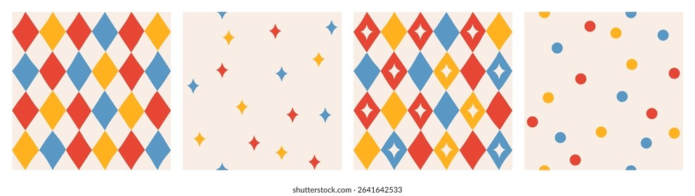 Set of simple seamless abstract colorful geometric pattern of multicolored rhombuses in a row and confetti on light background, harlequin motifs, circus pattern, hand drawn illustration, flat style