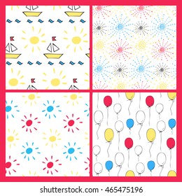 Set of simple seamless baby patterns. Hand-drawn illustration. Vector.