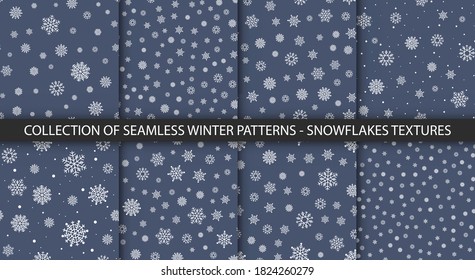 Set of simple seamless blue Christmas patterns. Minimalistic textures for winter