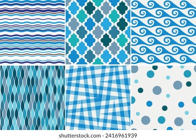 Set simple seamless blue with white pattern with waves and cell and strips. Vector image