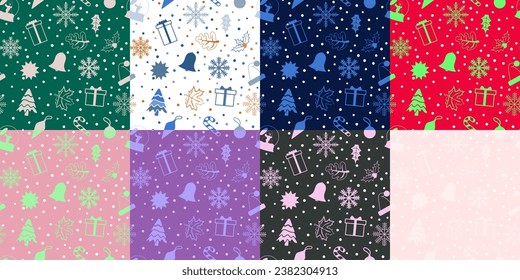 Set of Simple Seamless Christmas Pattern. Repeatable pattern of Christmas ornaments in colorful combinations. Vector Illustration. EPS 10.