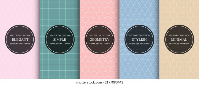 Set of simple seamless colorful geometric grid patterns. Vector ornamental repeatable elegant backgrounds. Endless minimalistic prints