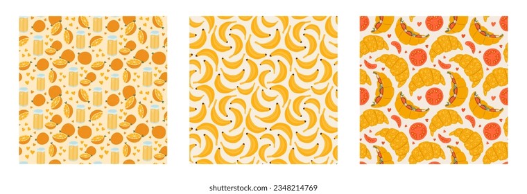 Set of simple seamless pattern with breakfast doodles. Cute print with hand drawn clipart of morning food and beverage. Cute wallpaper print for fabric design with different variations for meal
