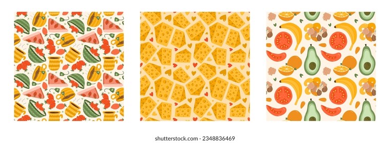 Set of simple seamless pattern with breakfast doodles. Cute print with hand drawn clipart of morning food and beverage. Cute wallpaper print for fabric design with different variations for meal