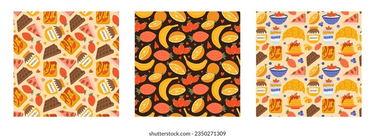 Set of simple seamless pattern with breakfast doodles. Cute print with hand drawn clipart of morning food and beverage. Cute wallpaper print for fabric design with different variations for meal