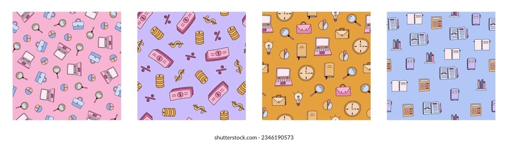 Set of simple seamless pattern with business doodles. Cute print with hand drawn clipart about money, finances, marketing, analyzing, teamwork, education. Cool wallpaper print for trendy fabric design